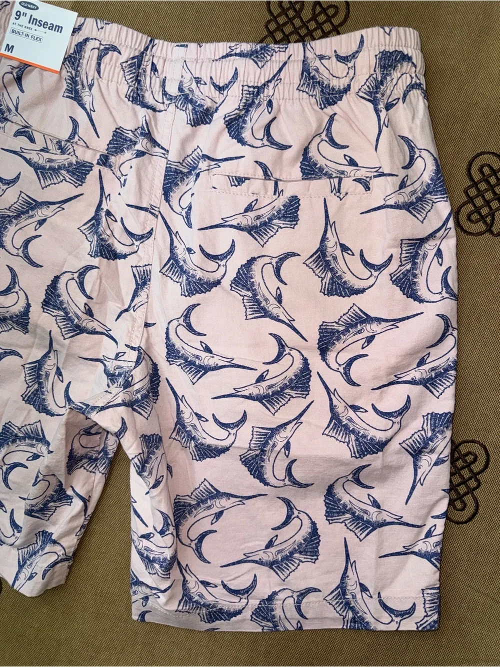 Old Navy NWT! Men'S Pink Marlin Fish Print Shorts Chino Elastic Waist Drawstring